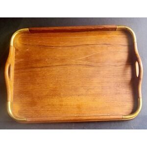 Vintage Goodwood Teak Serving Tray Brass Trim Mid Century Modern Thailand 16in